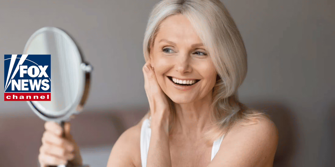 a woman smiling and holding a mirror