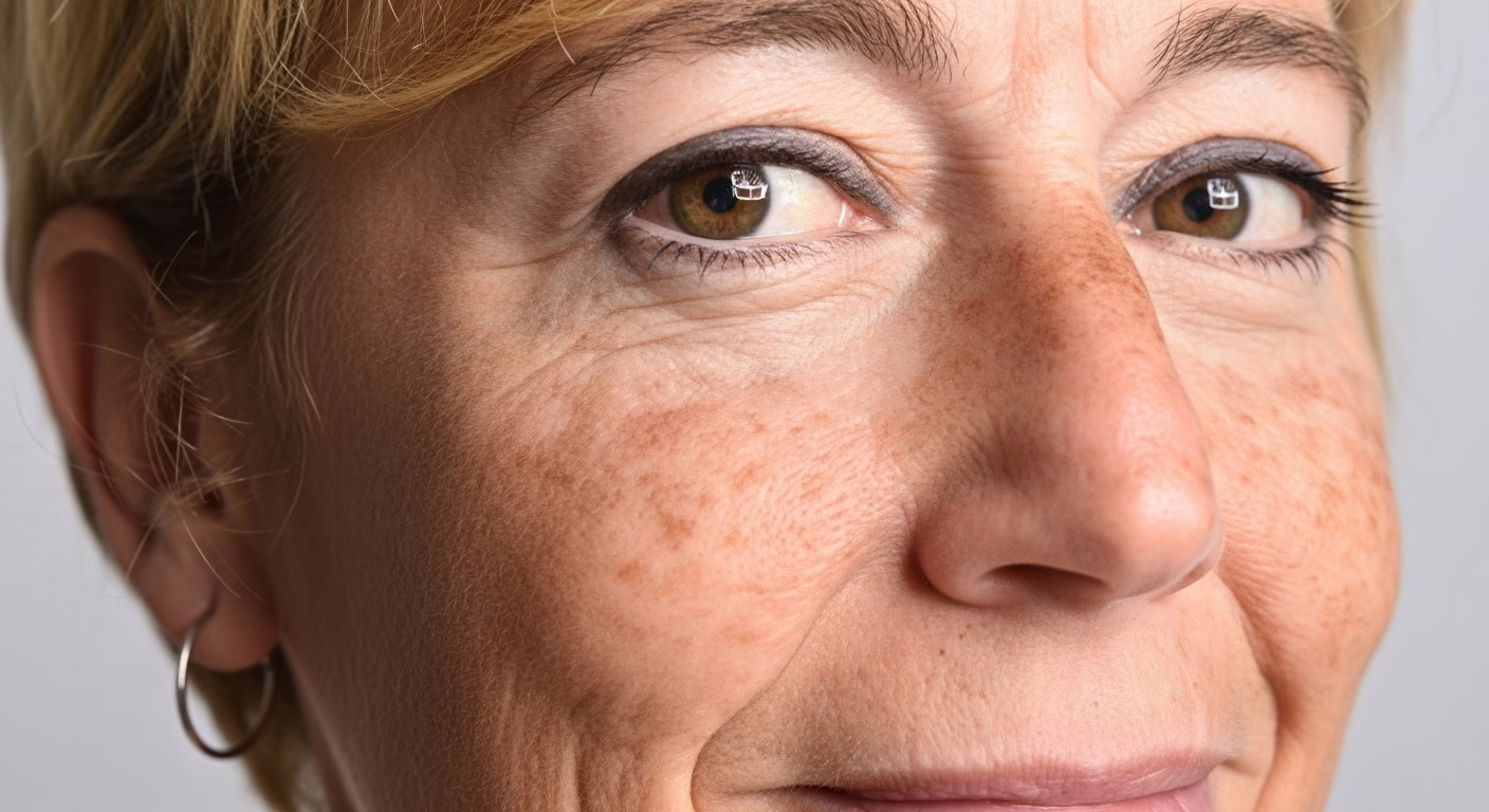 close-up of a middle-aged woman’s face with visible sunspots, fine lines, and uneven texture