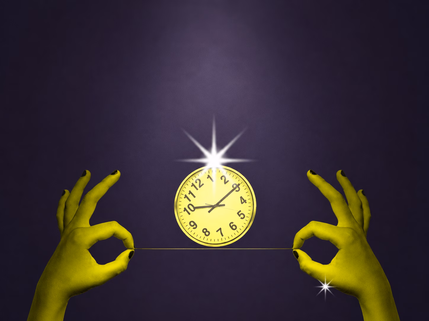 Golden clock held between two yellow-green hands against a dark purple background.
